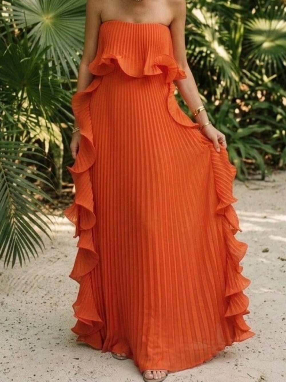 Red Elegant Women's Strapless Pleated Maxi Dress with Ruffle Trim Boho Vacation - Picture 2 of 3